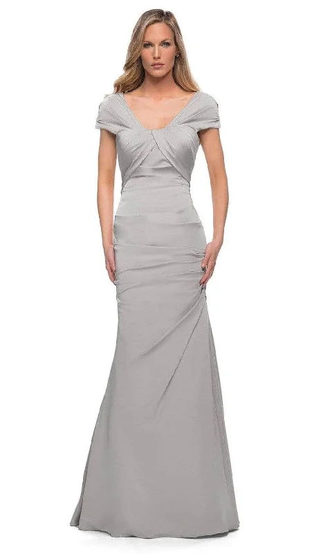 Sleeveless wedding guest dresses with pleated bodicesLa Femme - Short Sleeve Weave Style Evening Dress 29805SC