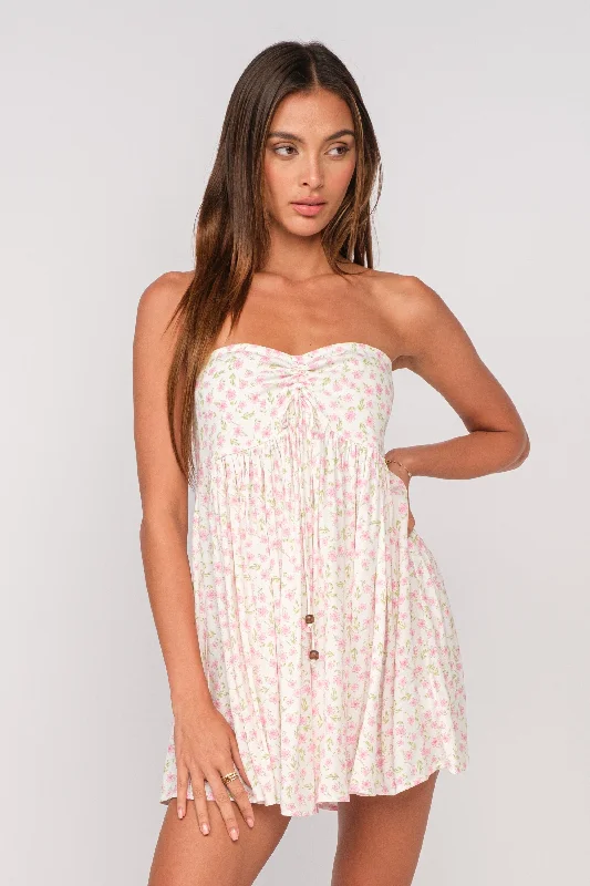 Mini dresses with puff sleeves for a vintage lookLena White and Pink Floral Print Strapless Mini Dress