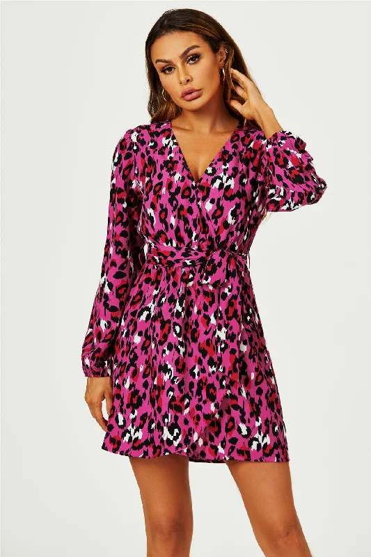 Mini dresses with pom - pom trims for a playful feelLeopard Print Wrap Top Mini Dress In Magenta