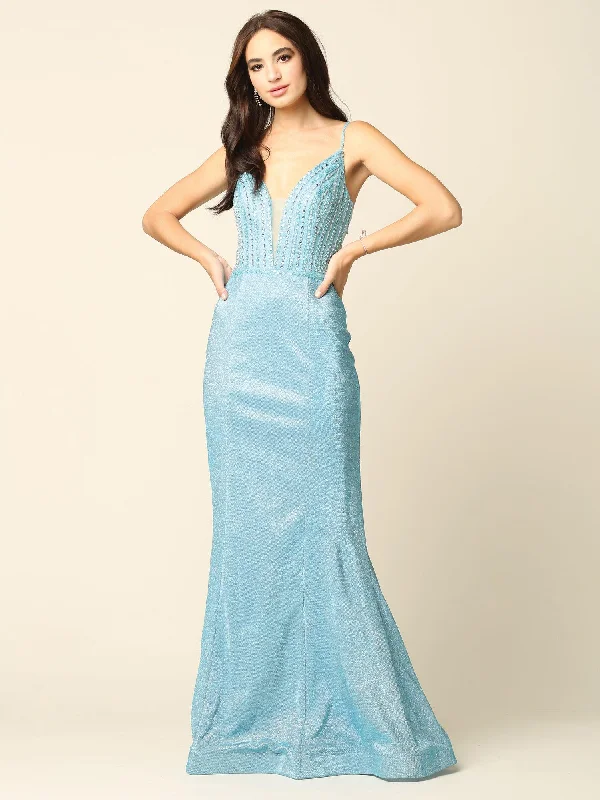 Wedding guest dresses with button - down fronts and A - line silhouettesLong Formal Spaghetti Strap Metallic Prom Dress