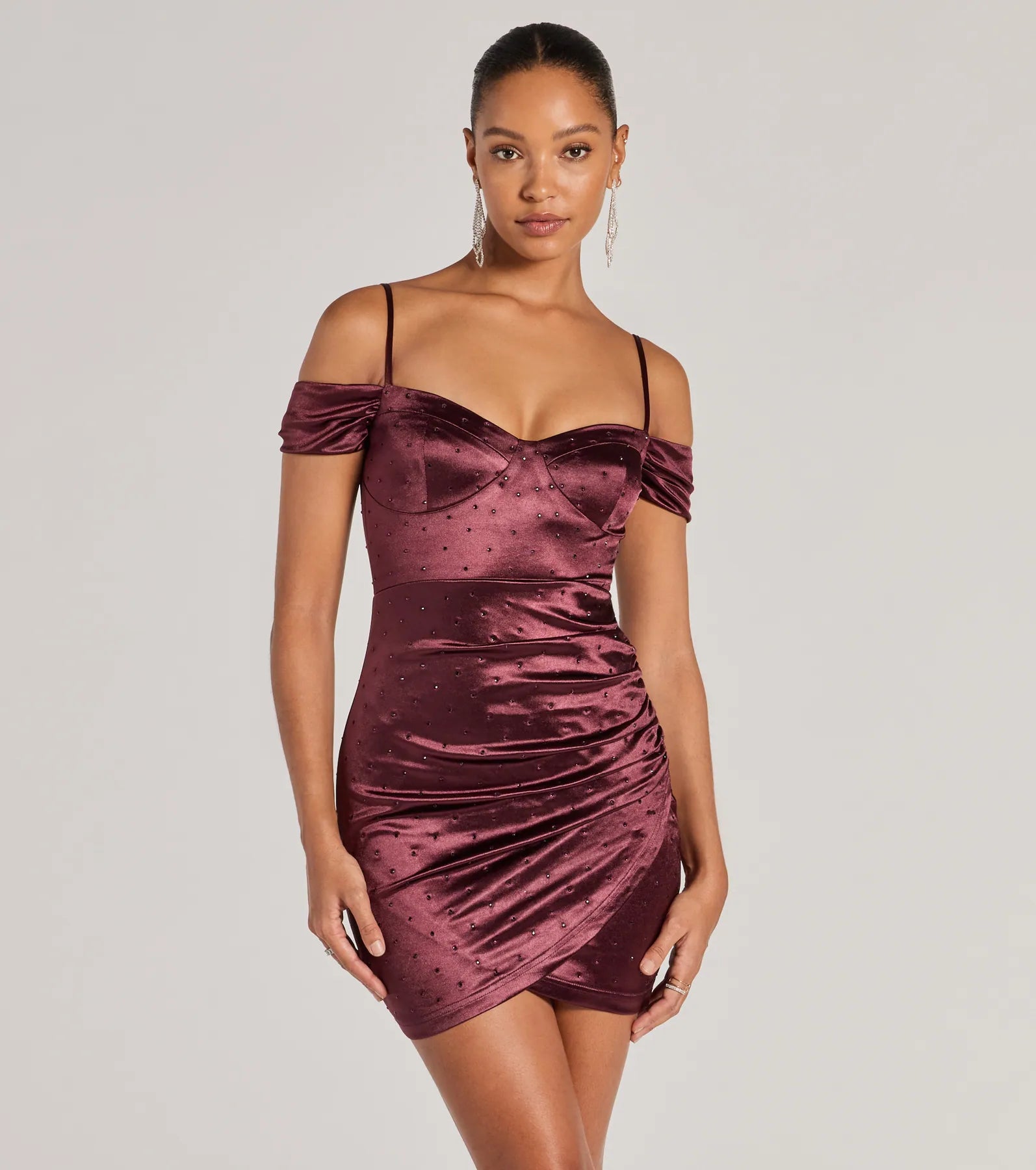 Mini dresses with one - shoulder designsLuxe Cold-Shoulder Rhinestone Satin Mini Dress