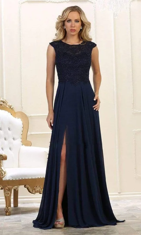 Tea - length wedding guest dresses with polka dot patternsMay Queen - MQ1563B Bateau A-Line Dress with Slit Tea - length wedding guest dresses with polka dot patternsMay Queen - MQ1563B Bateau A-Line Dress with Slit