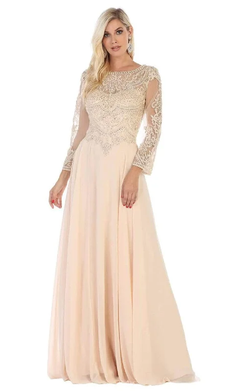 Wedding guest dresses with tassel - adorned belts and A - line skirtsMay Queen MQ1615B - Illusion Sleeve A-Line Prom Dress