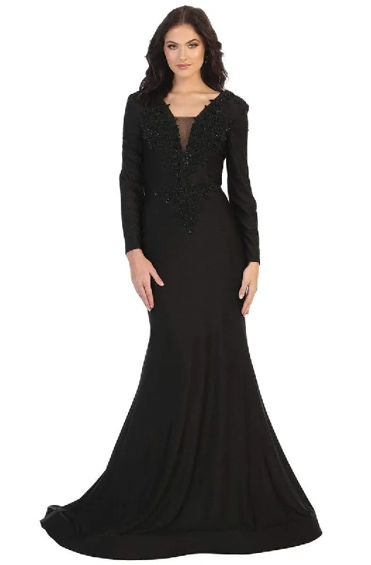 Sheath - style wedding guest dresses with lace overlaysMay Queen - MQ1772 Beaded Appliqued Plunging Bodice Trumpet Gown Sheath - style wedding guest dresses with lace overlaysMay Queen - MQ1772 Beaded Appliqued Plunging Bodice Trumpet Gown