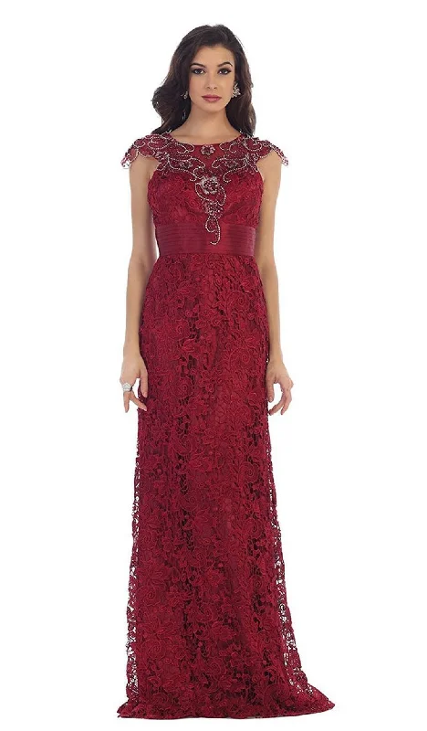 Wedding guest dresses with puff sleeves and knee - length hemsMay Queen - RQ7182 Rhinestone Lace Floral Evening Gown