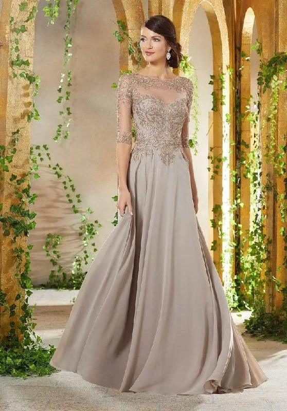 Long - sleeved wedding guest dresses in velvet for a winter weddingMGNY By Mori Lee - Embroidered Illusion Chiffon A-line Evening Dress 71908SC