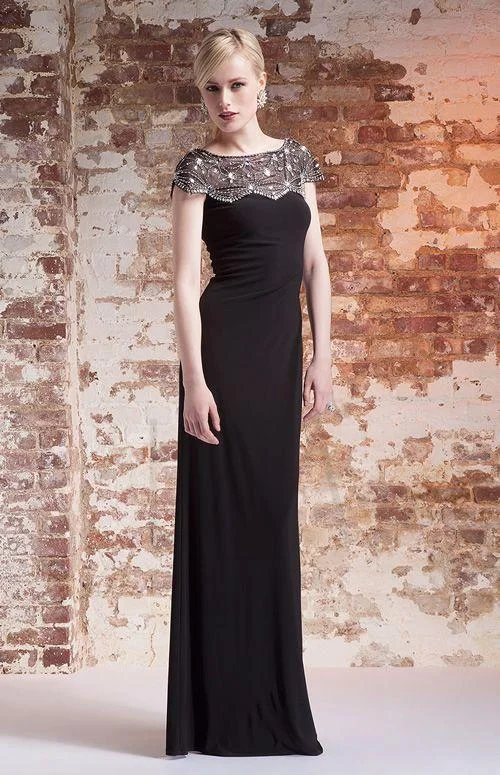 Bow - backed wedding guest dresses in silk for a luxurious feelMIGNON - Jeweled Cap Sleeve Jersey Gown AL1889B