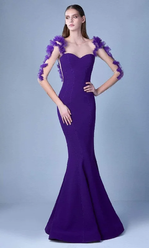 Metallic wedding guest dresses for a glamorous weddingMNM Couture - G1094 Ruffle Ornate Illusion Mermaid Gown