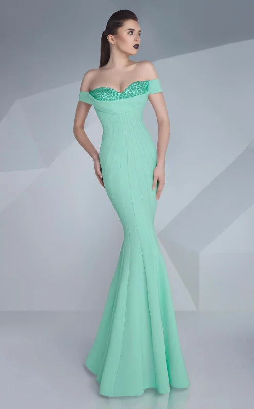 Embroidered wedding guest dresses in earthy tones for a rustic weddingMNM Couture - Ornate Off-Shoulder Mermaid Gown G0592
