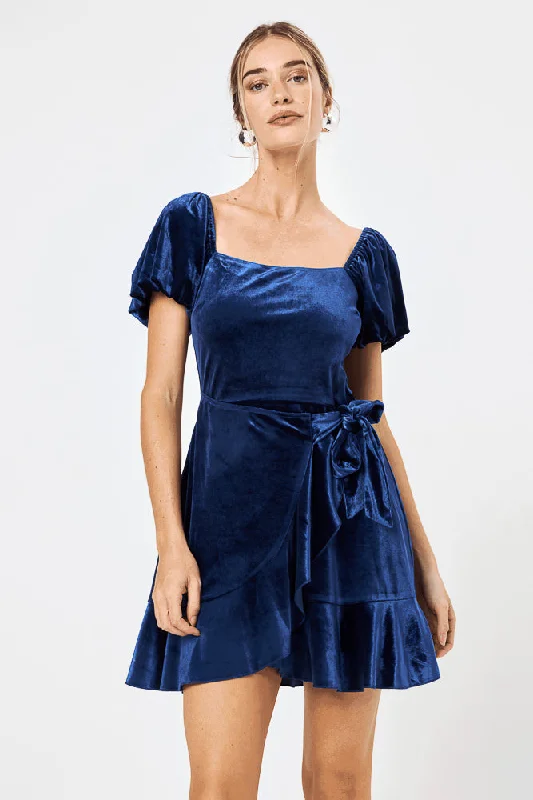 Mini dresses with pocket details for added functionalityNavy Velvet Puff Sleeve Wrap Dress