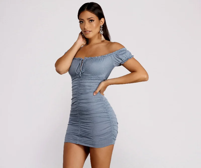 Mini dresses with cold - shoulder designsOh So Dainty Ruffle Trim Off Shoulder Ruched Mini Dress