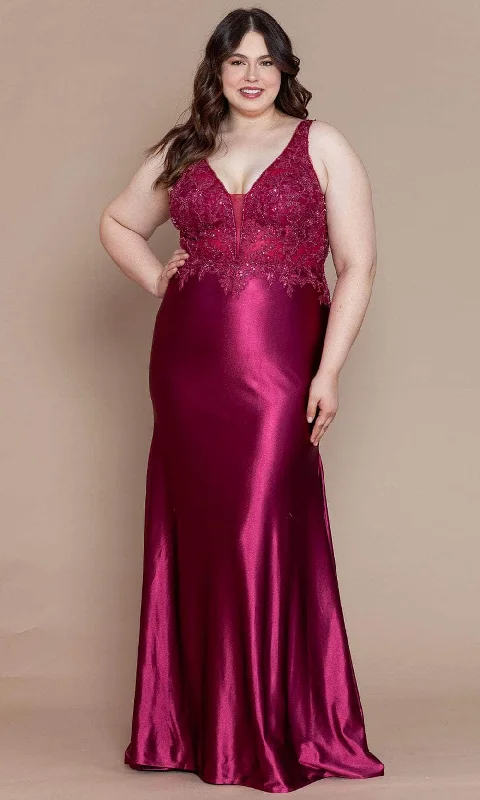 Wedding guest dresses with mesh panels and empire waistsPoly USA W1160 - Embroidered Bodice Plus Prom Dress