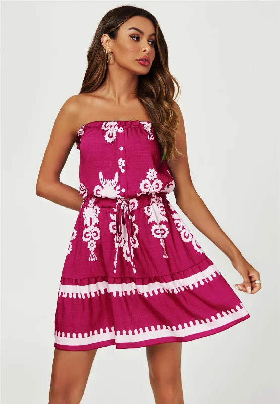 Mini dresses with side slits for a sexy appealPrinted Broderie Strapless Mini Dress In Fuchsia