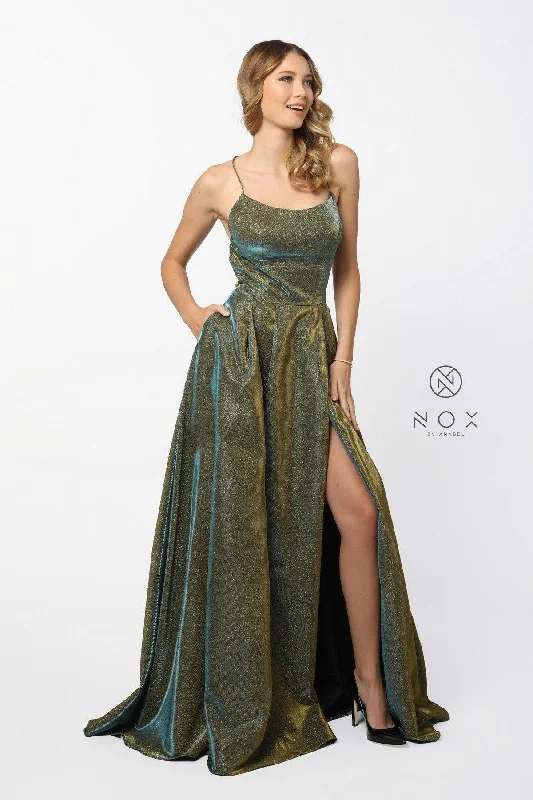 Prom Long Formal Spaghetti Strap Metallic Dress