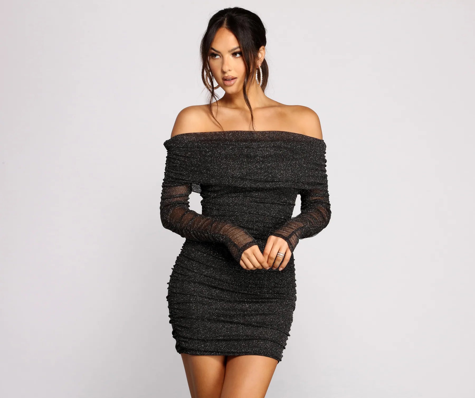 Shimmer Nights Off the Shoulder Glitter Mini Dress