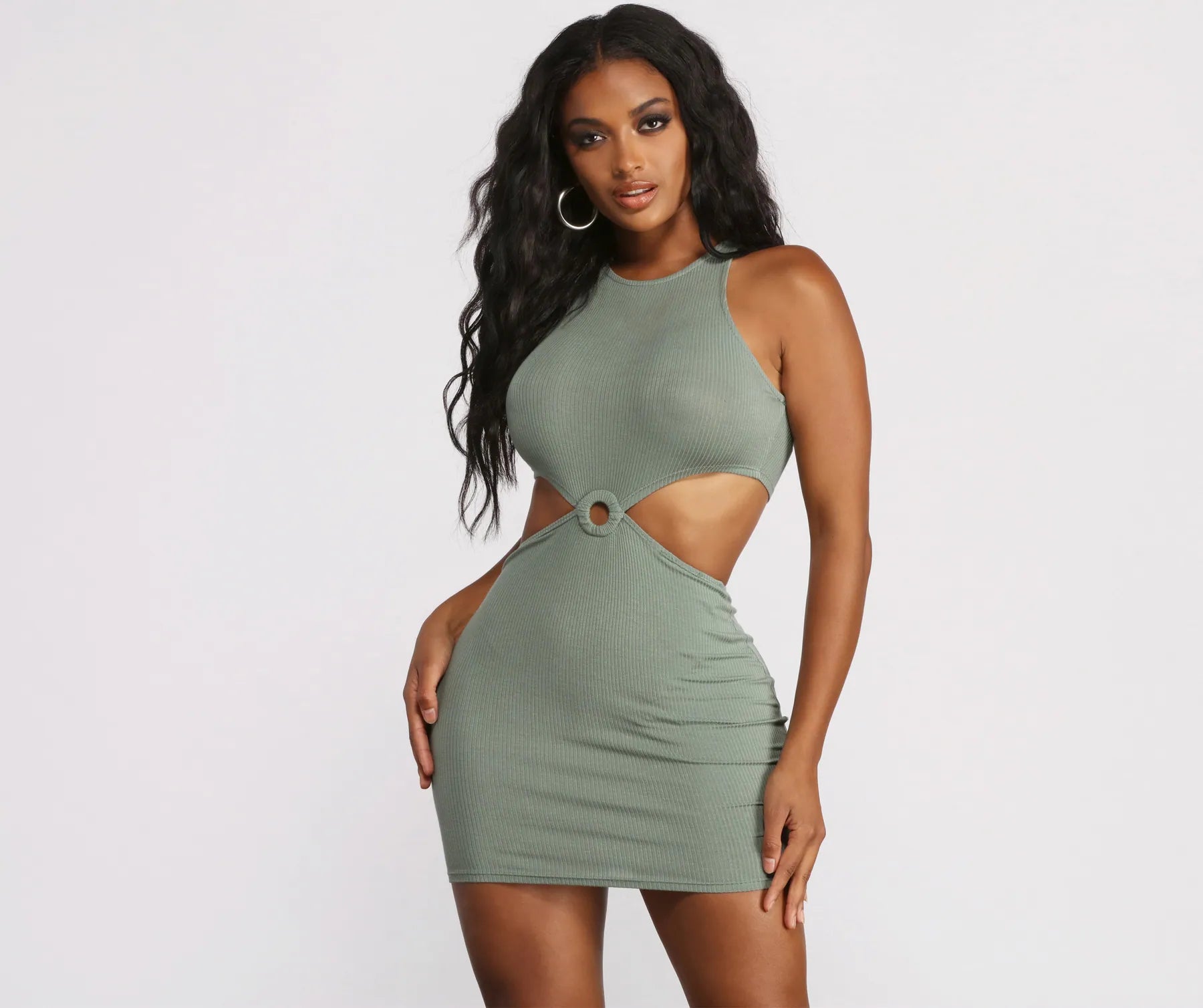 Mini dresses with cut - out details for a trendy lookSleeveless Cut Out O-Ring Ribbed Mini Dress