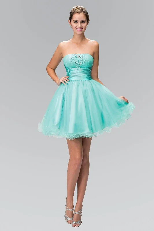 Wedding guest dresses with high - low hems and floral appliquesStrapless Short Prom Dress Homecoming