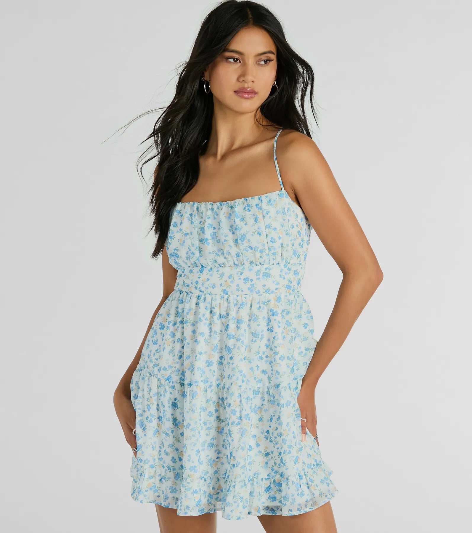 Denim mini dresses with distressed detailsSweeten Up Strappy Back Floral Chiffon Skater Dress