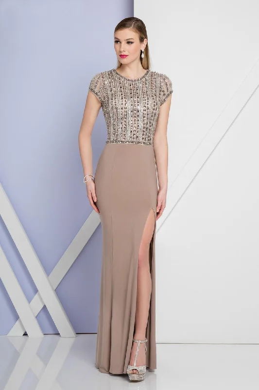 Wedding guest dresses with ruched bodices and spaghetti strapsTerani Couture - 1721E4161 Embellished Jewel Neck Sheath Dress