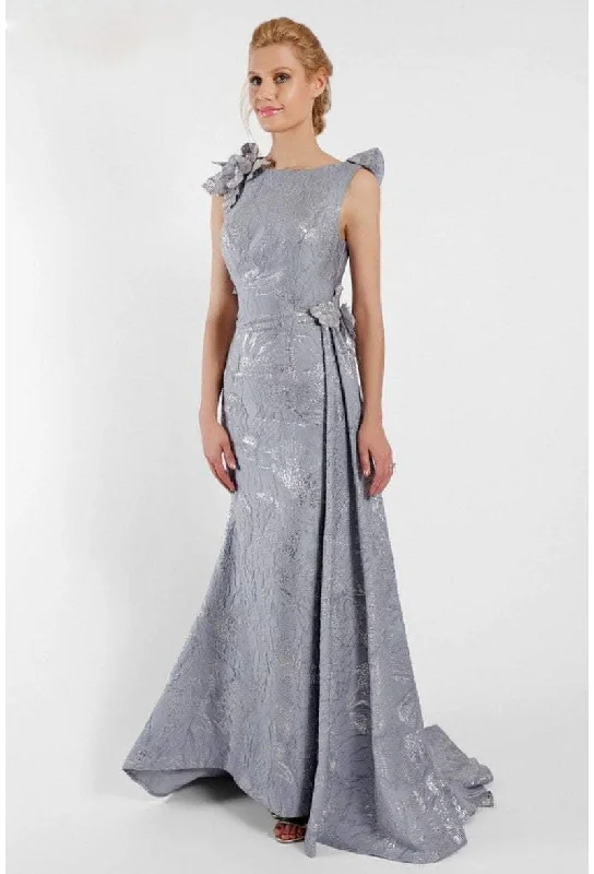 Satin wedding guest dresses with side slits for a sexy touchTerani Couture - 1721M4703 Laced Bateau Neck A-Line Dress