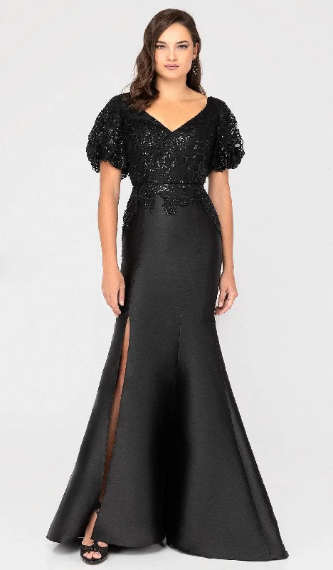Strapless wedding guest dresses with rhinestone - studded bodicesTerani Couture - 1911E9618 V-Neck Puffed Short Sleeves Mermaid Gown