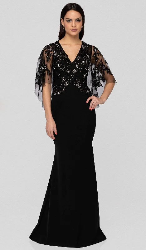 Wedding guest dresses with tiered skirts for a feminine lookTerani Couture - 1912M9350 Floral Applique Plunging Neck Trumpet Dress
