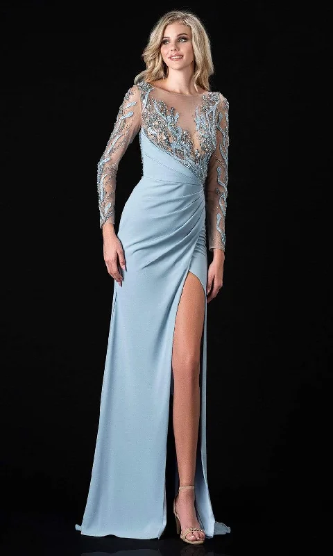 Sleeveless wedding guest dresses with ruffled hemsTerani Couture - 2111M5266 Embellished Long Sleeve Sheath Dress