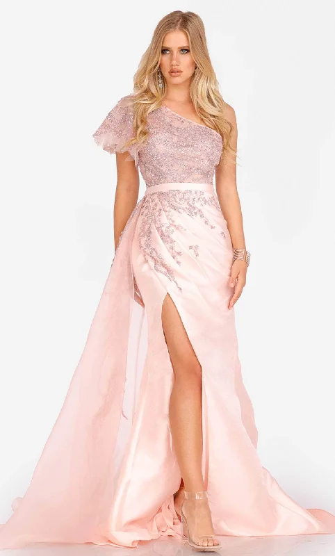 Wedding guest dresses with cold - shoulder ruffled sleeves and knee - length hemsTerani Couture 231E0517 - Ruffled One-Sleeve Asymmetrical Prom Gown