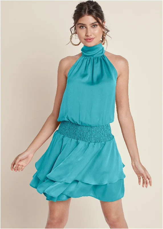 Mini dresses with pleated skirts for a classic lookHigh Neck Mini Dress - Aqua