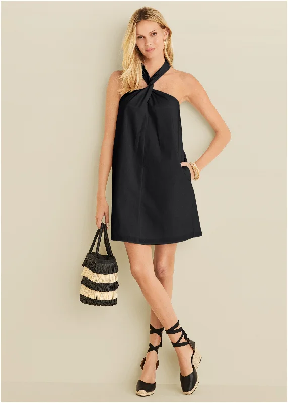 Mini dresses with abstract prints for an artistic lookTwist Halter Dress - Black