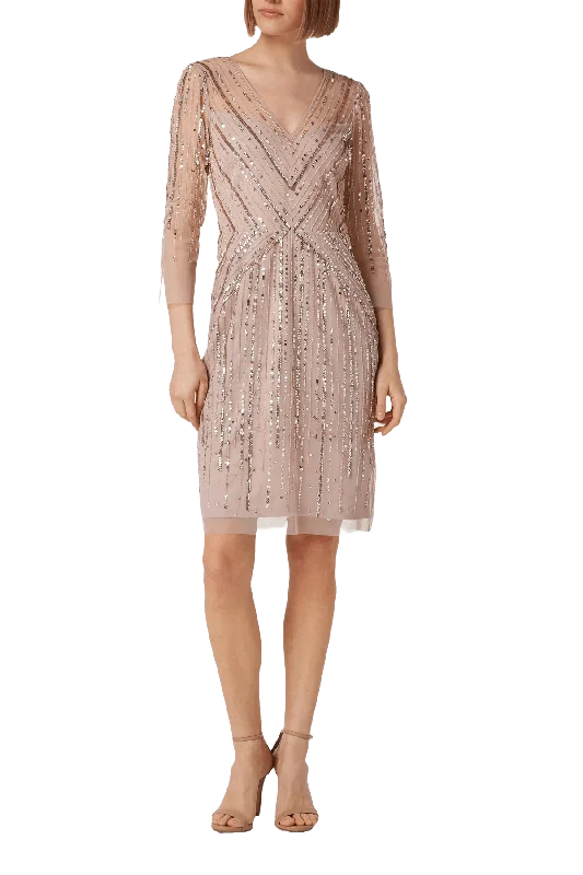 Mini cocktail dresses with a tiered ruffled skirt and a scoop neckAdrianna Papell AP1E209226 - Sequin Quarter Sleeve Cocktail Dress Mini cocktail dresses with a tiered ruffled skirt and a scoop neckAdrianna Papell AP1E209226 - Sequin Quarter Sleeve Cocktail Dress
