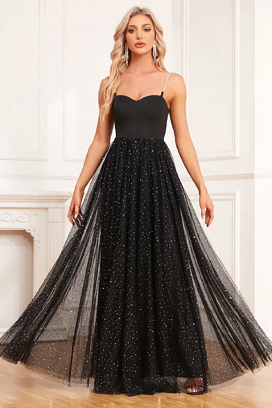 Black A-Line Spaghetti Straps Long Prom Dress