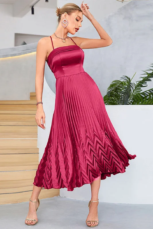 Ruffled cocktail dresses with a knee - length hem for a feminine appealBurgundy A-Line Spaghetti Straps Pleated Tea-Length Evening Dress Ruffled cocktail dresses with a knee - length hem for a feminine appealBurgundy A-Line Spaghetti Straps Pleated Tea-Length Evening Dress