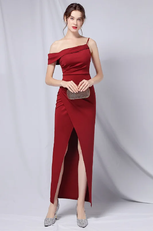 Cocktail dresses with a tassel - adorned belt and a sheath styleBurgundy One Shoulder Prom Dress with Slit Cocktail dresses with a tassel - adorned belt and a sheath styleBurgundy One Shoulder Prom Dress with Slit