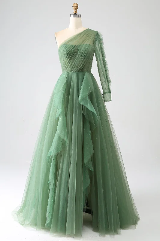Long - cocktail dresses with a slit and a fitted bodiceDark Green A-Line One-Shoulder Long Prom Dress With Long Sleeves Long - cocktail dresses with a slit and a fitted bodiceDark Green A-Line One-Shoulder Long Prom Dress With Long Sleeves