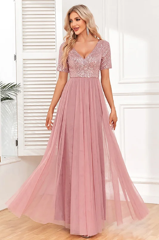 Dusty Rose A-Line V Neck Tulle Prom Dress with Short Sleeves