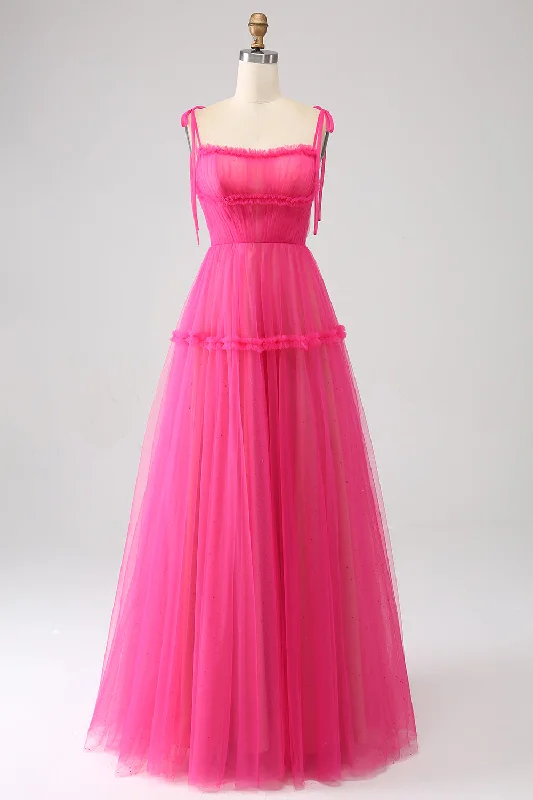 Cocktail dresses with a pleated skirt and a square necklineFuchsia A-Line Ruffled Long Tulle Prom Dress Cocktail dresses with a pleated skirt and a square necklineFuchsia A-Line Ruffled Long Tulle Prom Dress