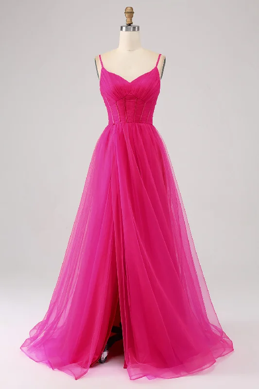 Cocktail dresses with a wrap - front style and a long - length optionFuchsia A-Line Spaghetti Straps Long Corset Prom Dress with Slit Cocktail dresses with a wrap - front style and a long - length optionFuchsia A-Line Spaghetti Straps Long Corset Prom Dress with Slit