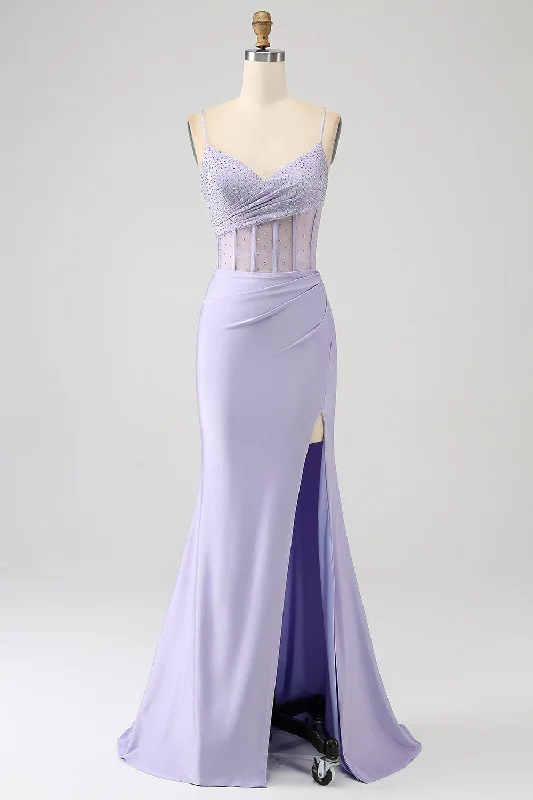 Geometric - printed cocktail dresses with a long - sleeve optionGlitter Lilac Corset Mermaid Long Prom Dress with Slit Geometric - printed cocktail dresses with a long - sleeve optionGlitter Lilac Corset Mermaid Long Prom Dress with Slit