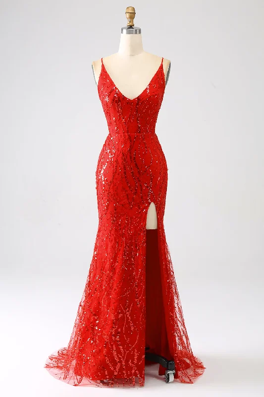 Long - cocktail dresses with a slit and a fitted bodiceGlitter Red Mermaid Long Sequins Prom Dress with Slit Long - cocktail dresses with a slit and a fitted bodiceGlitter Red Mermaid Long Sequins Prom Dress with Slit