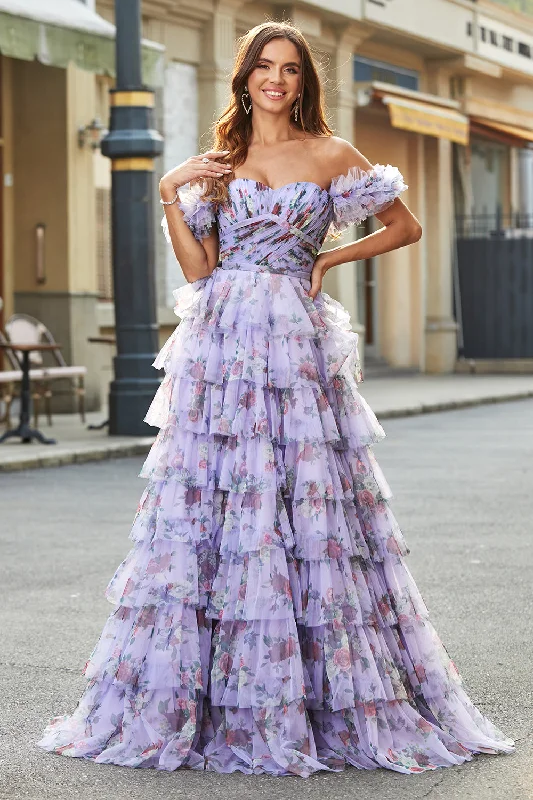 Mini cocktail dresses with a pleated bodice and a spaghetti - strap backGorgeous A Line Off the Shoulder Lavender Printed Long Prom Dress with Ruffles Mini cocktail dresses with a pleated bodice and a spaghetti - strap backGorgeous A Line Off the Shoulder Lavender Printed Long Prom Dress with Ruffles