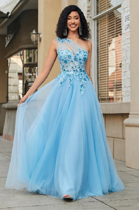 Mini cocktail dresses with a cold - shoulder ruffled sleeveGorgeous A Line One Shoulder Light Blue Corset Prom Dress with Appliques Mini cocktail dresses with a cold - shoulder ruffled sleeveGorgeous A Line One Shoulder Light Blue Corset Prom Dress with Appliques