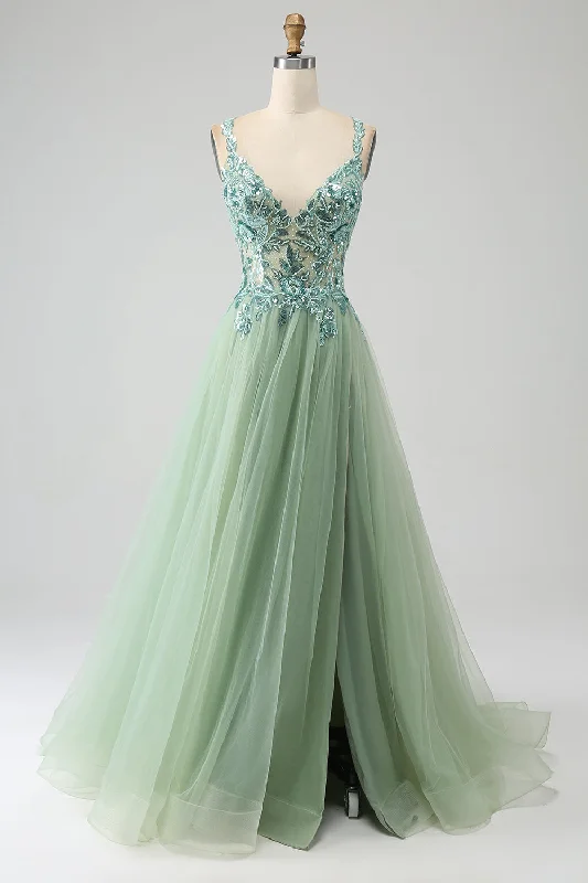 Ribbed - texture cocktail dresses with a cap - sleeve designGorgeous A Line V Neck Light Green Long Prom Dress with Appliques Ribbed - texture cocktail dresses with a cap - sleeve designGorgeous A Line V Neck Light Green Long Prom Dress with Appliques