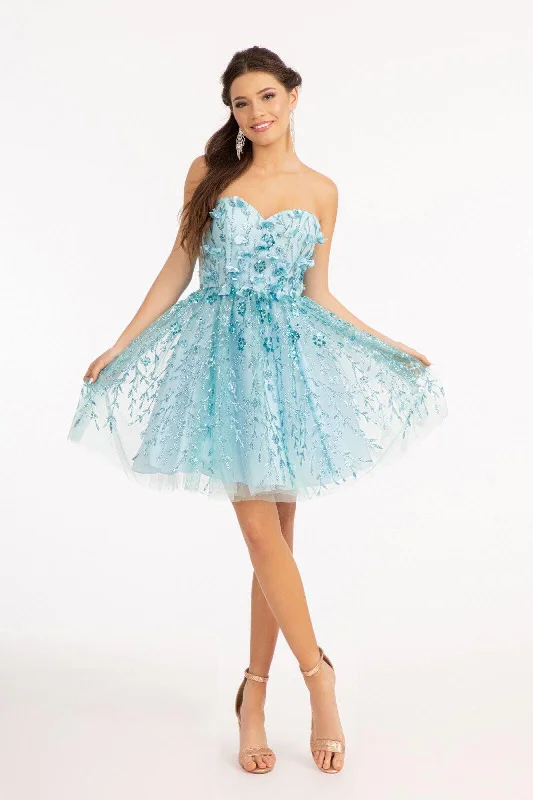 Mini cocktail dresses with a tiered ruffled skirt and a scoop neckHomecoming Strapless Floral Applique Short Dress Sale Mini cocktail dresses with a tiered ruffled skirt and a scoop neckHomecoming Strapless Floral Applique Short Dress Sale