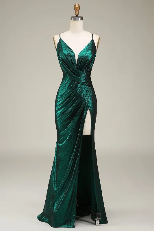 Cocktail dresses with a metallic - embroidered pattern and a midi - hemHot Mermaid Spaghetti Straps Dark Green Long Prom Dress with Open Back Cocktail dresses with a metallic - embroidered pattern and a midi - hemHot Mermaid Spaghetti Straps Dark Green Long Prom Dress with Open Back