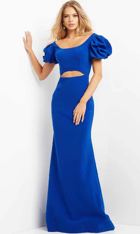 Formal dresses with geometric patterns and metallic accents for a modern formal affairJovani 08526 - Puff Sleeve Midriff Cutout Evening Dress