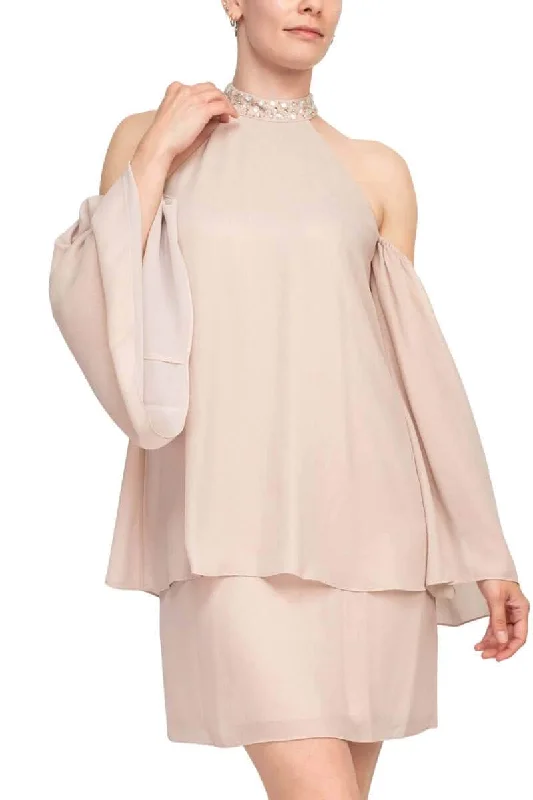 Satin - lined cocktail dresses with a lace outer layerLaundry 98M15101 - Cold Shoulder Embellished Halter Neck Short Dress Satin - lined cocktail dresses with a lace outer layerLaundry 98M15101 - Cold Shoulder Embellished Halter Neck Short Dress