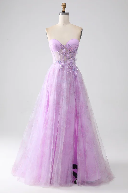 Cocktail dresses with a pom - pom trim and a short - sleeved styleLavender Printed Strapless Corset Prom Dress with Beading Cocktail dresses with a pom - pom trim and a short - sleeved styleLavender Printed Strapless Corset Prom Dress with Beading
