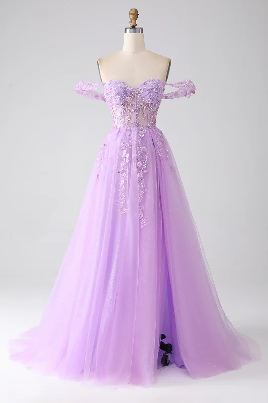 Light Purple A-Line Off The Shoulder Beaded Corset Prom Dress