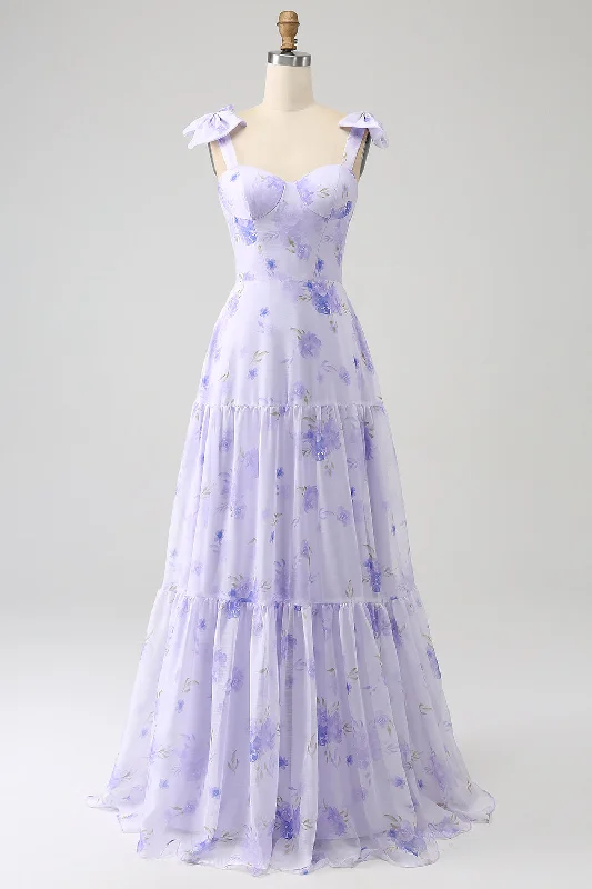 Bow - backed cocktail dresses with a fit - and - flare silhouetteLilac Corset Floral A-Line Long Prom Dress Bow - backed cocktail dresses with a fit - and - flare silhouetteLilac Corset Floral A-Line Long Prom Dress